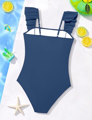 Image of NECIOUS Girls Swimsuit Ruffle Adjustable Straps One Piece Bathing Suit Solid Color Ruched Girls' Swimwear 9-16Y