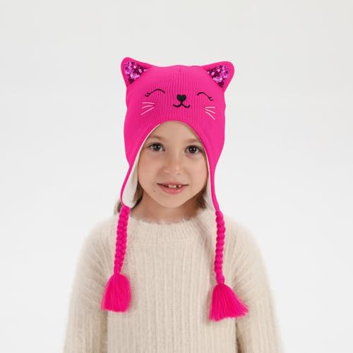 Girls Winter Cat Ear Beanie Hat and Gloves Set Kids Knitted Earflap Cap Mitten Set for Ages 3-72