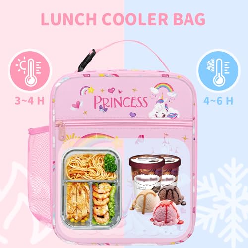 Clastyle Unicorn Insulated Lunch Bag Large Thermal Cooler Bag for Girl Picnic Lunch Box Tote Pink Unicron Castle - Image 3