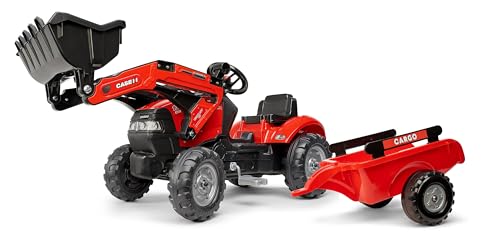 FALK - Tractopelle à pédales Case IH avec remorque - Dès 2 ans - Fabriqué en France - Pelle frontale articulée - volant directionnel avec klaxon - 961AM