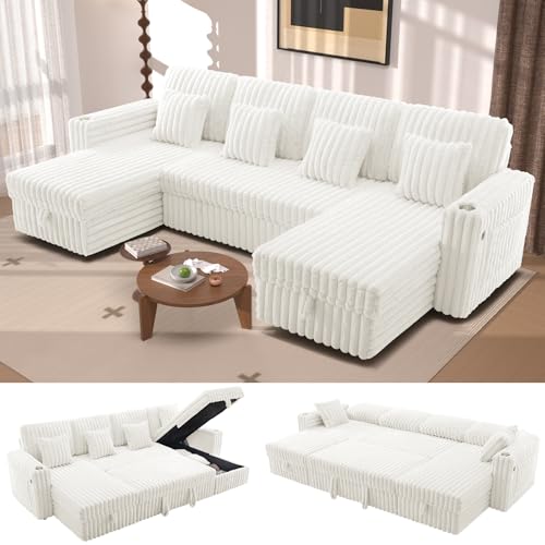 Image of 124'' Sectional Sleeper Sofa with Pull Out Bed, Storage Chaise, Adjustable Backrest, USB Charger, Cup Holder & Side Pocket, Fluffy Soft Corduroy U Shaped Couch for Living Room, Beige