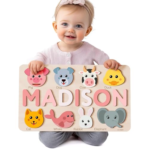 Personalize Name Puzzle for Toddler with Animal, Baby Gift for Girl and Boy 0 1 2 3 Year Old, Personalized Puzzle for Kid, 1 Year Old Kid Gifts, Customized Baby Gift, Educational Name Toy