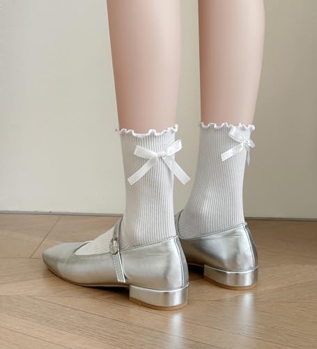Image of Womens Bow Socks Ruffle Casual Crew Black Whitte Soft Breathable Cotton 4 Pairs Socks