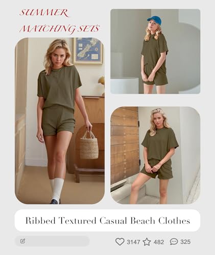 Image of MARZXIN Women 2 Piece Shorts Set 2026 Casual Summer Cruise Outfits Ribbed Loose Short Sleeve Pocket Matching Lounge Sets