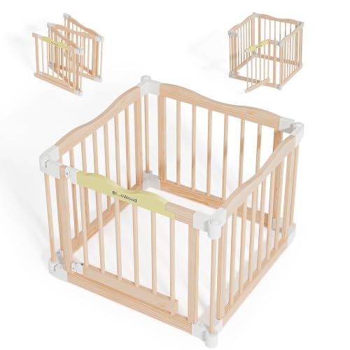Image of Foldable Wooden Playpen, Natural Pine, 30 x 30 x 24 inches