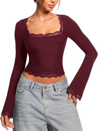 Image of OZICERD Women Bell Long Sleeve Shirts Cute Going Out Top Lace Trim Square Neck Double Lined Fitted Basic Tops Y2k Tight Slim