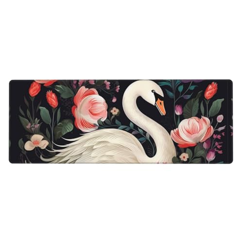 Tapis de clavier imprimé floral cygne anti-glisse grand modèle pour bureau de maison