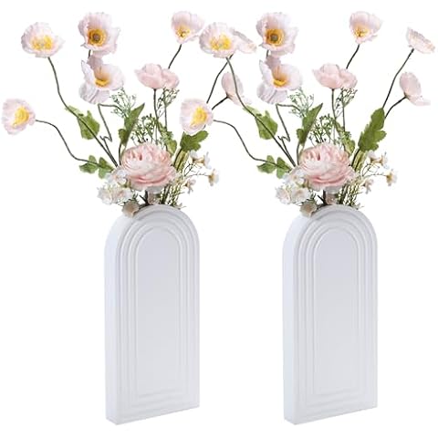 Yorkmills Wood Wall Decor Vase & Pink Artificial Flower Set of 2, White Wooden Wall Mounted Planters for Indoor Plants, Modern Farmhouse Home Wall Decor for Living Room, Dining Room, Bedroom, Bathroom Cover