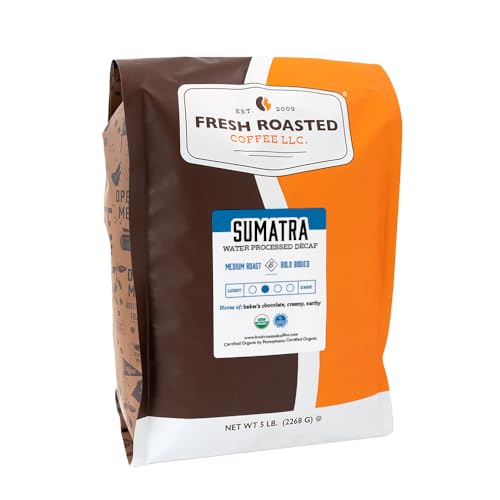 Fresh Roasted Coffee, Organic Sumatra Water-Processed Decaf | 100% Single Origin, USDA Organic, Kosher | Medium Roast 5 lb (80 oz) Whole Bean