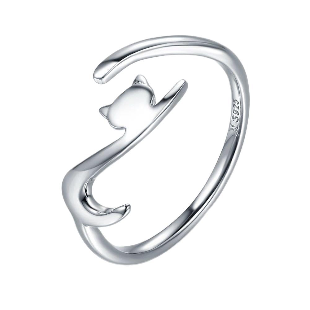 Anillo de plata esterlina Qings 925, Ajustable Abierto Gato Estilo anillo Joyería de moda para Chica adolescente regalo tamaños universales