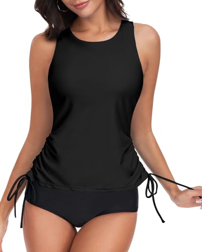 WOWENY Tankini para mujer, parte superior para el abdomen, traje de baño deportivo con copas de secado rápido, ropa de playa (solo parte superior de tankini, Negro , L