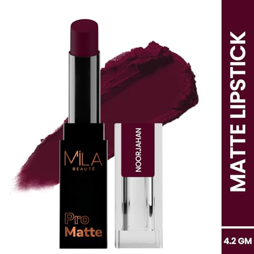 Image of Mila Beaute Pro Matte Lipstick | Highly Pigmented & Long lasting | Semi Matte Finish | Light Weight Lipstick | Single Swipe Application | Luxurious Lip Color | Shade - (Noorjahan, 4.2g) (Pack of 2)