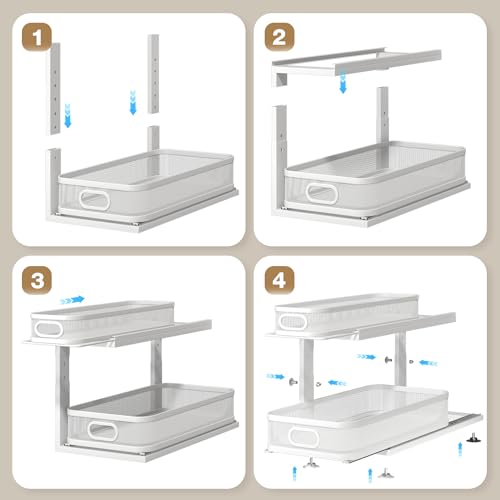 Image of 2 Pack 21IN-Depth Under Sink Organizer With Next-Gen Ball-Bearing Slides,2-Tier Precision Mesh Pull Out Cabinet Storage for Bathroom&Kitchen,Height Adjustable Drawers Shelf,Anti-rust-White