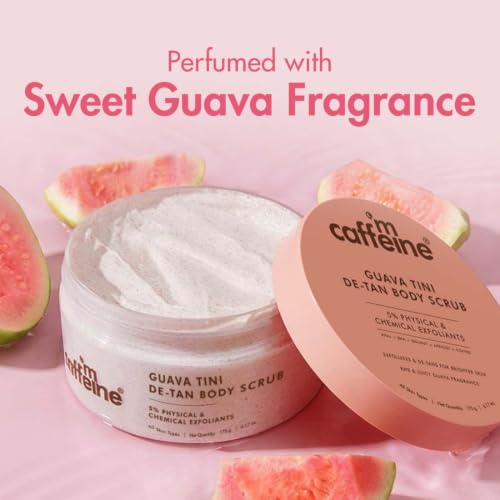 Image of mCaffeine Dual Action Guava De-Tan Body Scrub with 5% Natural & Chemical Exfoliants | Glycolic, Lactic & Salicylic Acid | Reduces Tan & Brightens Skin | Fruity, Guava Fragrance - 175g