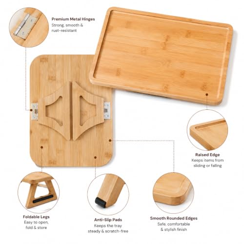 Image of Curated Cart Bamboo Serving Tray with Cut-Out Handles - Rattan Cane Woven Base - Eco-Friendly Rustic Tray for Coffee Table, Breakfast (Sofa Armrest Tray)