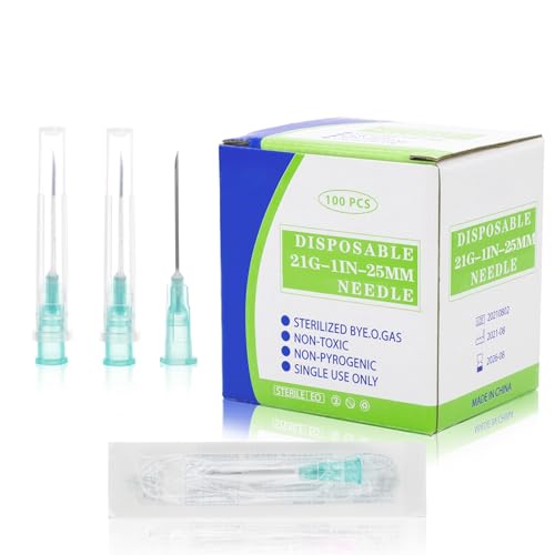 100 Pack 21 Ga 25mm 1IN Disposable Needles for Scientific and Industrial Dispensing, Individually Wrapped