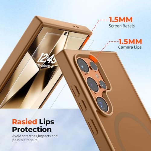Image of SUPFINE Magnetic for Samsung Galaxy S24 Ultra Case with Screen Protector, (Built-in Magnets) (Military Grade Drop Protection) Slim Translucent Shockproof Phone Case,Brown