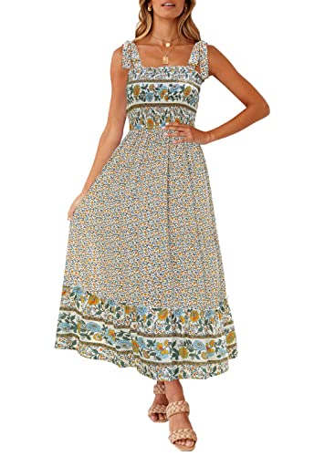 ZESICA Women's Boho Summer Floral Print Tie Straps Sleeveless Square Neck Smocked Flowy Ruffle A Line Maxi Dress,Cream,Small