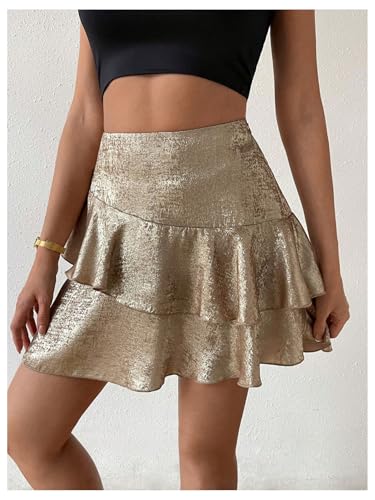 MakeMeChic Women's Metallic Ruffle Tiered Mini Skirt High Waisted A Line Y2K Party Short Skirts4