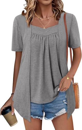 ONLYSHE Womens Short Sleeve Tops 2 in 1 Summer Outfits Swing Top Loose Fit Dressy Casual Gray M