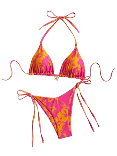 GORGLITTER Women's Floral Bow String Bikini Set Triangle Halter Swimsuit High Cut Summer Bathing Suit Swimwear 2025