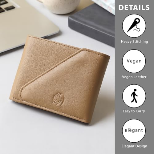 Image of VEMILIO Men's Vegan Leather Wallet for Men | Edge Cut Slim Bi-Fold Gents Purse | Stylish Wallet with Coin Pocket | 3 Card Slots | ID Window & 2 Currency Compartments (Beige)