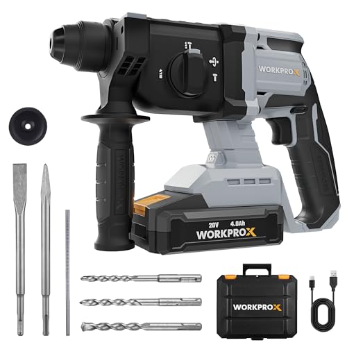 WORKPROX 20V Cordless Hammer Drill, 2.0J Brushless SDS Drill with 4 Functions, 4.0Ah Battery, 360° Auxiliary Handle & LED Light, Rotary Hammer Drills for Concrete, Steel, Wood, Brick, Masonry