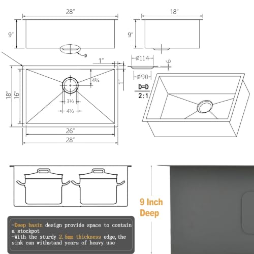 Image of 28 Inch Undermount Kitchen Sink Black, 28x18 Gunmetal Black 16 Gauge Stainless Steel Single Bowl Under Mount Commercial Kitchen Sinks 9 Inch Deep Includes Drain