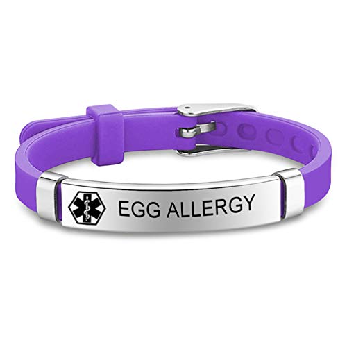 MZZJ Egg Allergy Medical ID SOS Emergency Alert 8MM Rubber Silicone 2 Tone Stainless Steel Adjustable Thin Bracelet Band for Boys Girls,Outdoor Sport Safe Warning Jewelry for Son Daughter,Purple