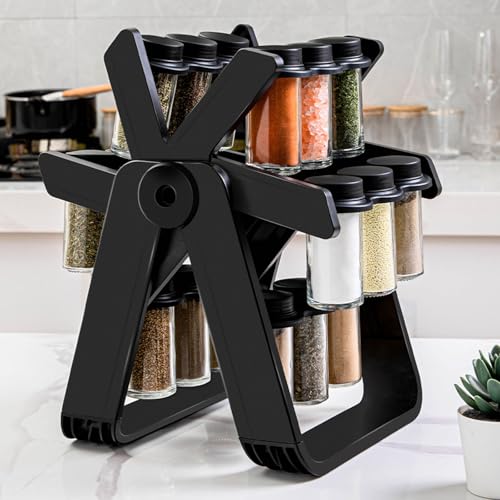 Especiero giratorio de 360° con 18 tarros de cristal para almacenamiento de cocina, color negro