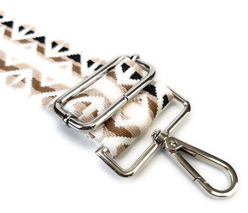 Image of Cream Beige Brown Boho Diamond Purse Strap with Silver Hardware 2 Inch Wide Replacement Crossbody Guitar Style Shoulder Strap for Handbags Totes