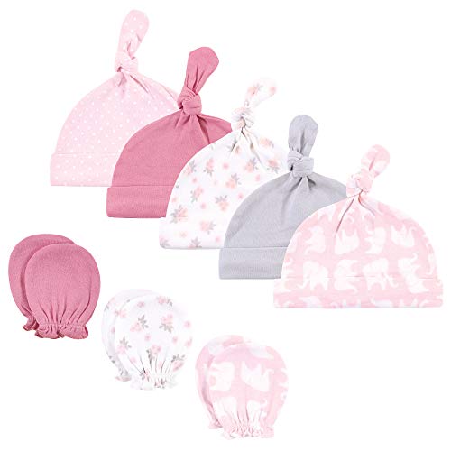 Hudson Baby Unisex Baby Cotton Cap and Scratch Mitten Set, Pink Elephant, 0-6 Months