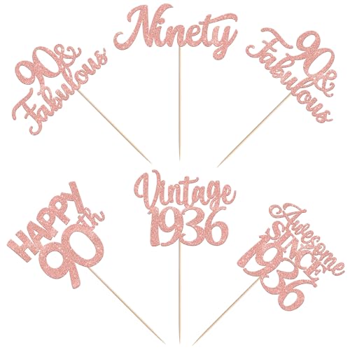 Image of 15 PCS 90th Birthday Centerpiece Sticks Double Sided Ninety Happy 90th Vintage 1936 Table Flower Centerpieces Sticks Cheers to 90 Fabulous Floral Decorations for 90th Birthday Party Supplies Rose Gold