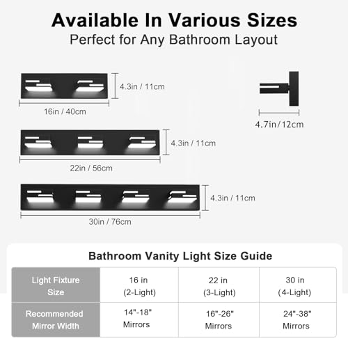 Image of LED Modern Bathroom Vanity Light Fixtures, Dimmable Matte Black Vanity Lights for Bathroom Lighting Fixtures Over Mirror, with 360 Rotatable Acrylic Heads 2-Light 16-inch 5CCT