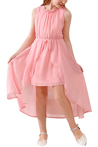 GORLYA Girls Sleeveless Ruffle Neck Hi-Lo Hem Overlay Formal Occasin Chiffon Long Party Dress 4-14T