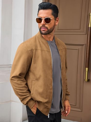 Runcati Mens Suede Bomber Jackets Full Zip Casual Softshell Varsity Jacket Lightweight Vintage Fall Coat with Pockets3