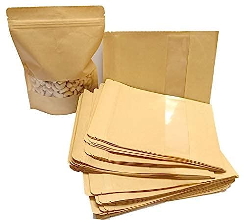 Image of Esko Stand Up Ziplock Pouch - Reusable, Airtight Kraft Paper Storage Pouch (Brown) | 160mmX220 mm(Pack of 50)