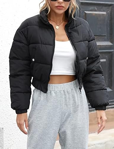 Arssm Women’s Cropped Puffer Jacket Y2K Casual Quilted Cropped Long Sleeve Puffer Jacket Outerwear(Black-S) #TOP1