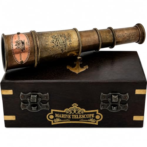 Marine Brass Handheld Telescope with Box, Nautical Decor, 14