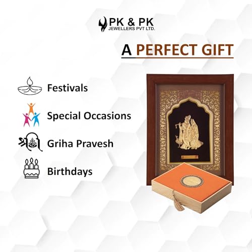 Image of Pk & Pk Jewellers Lord Radha Krishna with Peacock | 24KT Gold Frame | Temple Collection | Extra Small Size [14x18 cm] (For Premium Gift, Temple, Table Decor, Home Decoration)