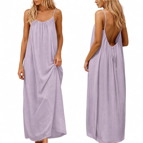 nnOuOnn Robe longue sans manches à dos ouvert pour femme, été, 2026, maxi, décontractée, robe d'été, fluide, dos ouvert, robes de détente pour les vacances, la plage, la maison, uni, Violet, XXL