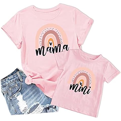 Mama Mini Rainbow Leopard Outfit Letter Graphic Mommy and Me Matching Leopard T-Shirt, Pink, Large Cover