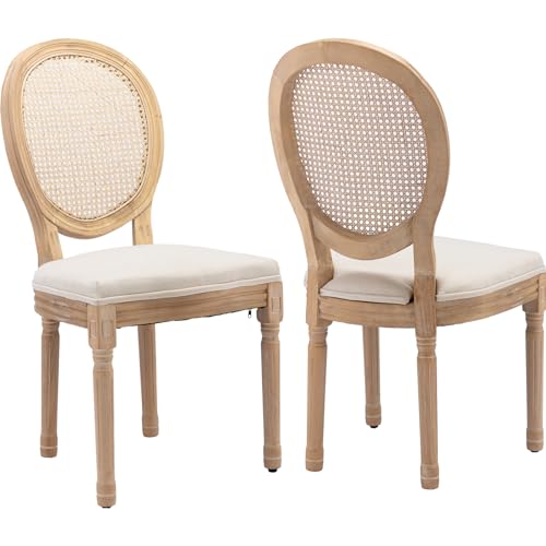 Vintage French Rattan Dining Chairs Set of 2, Solid Wood Frame with Round Rattan Back and Linen Upholstered Seat, Farmhouse Accent Sillas de Comedor Side Chairs for Dining Room & Kitchen, Beige