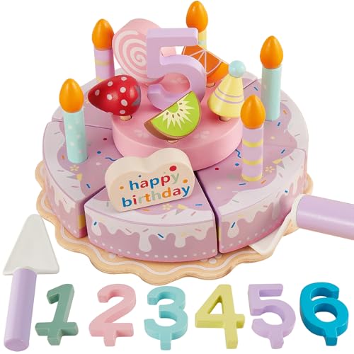 HERSITY Pasteles de Madera Juguete, Tarta de Cumpleaños Juguete Cortar, Set de Te Juguete Comida de Juguete para Cocinita Juego de Simulación para 3 4 5 Años Niños Niñas