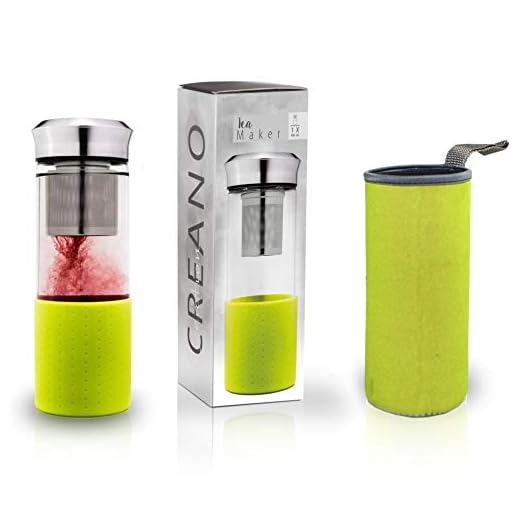 Creano Teebereiter Teamaker - Teeflasche to go aus Glas mit Sieb für losen Tee inkl. Neoprentasche | 400ml (Grün)