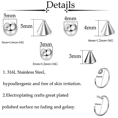 TEN MIRO Fake Eyebrow Ring Fake Lip Labret Studs Replacement Balls Spike with 100Pcs Sticker Non-Piercing Nose Rings Hoop Body Jewelry Skin 3MM 4MM 5MM(Silver)2