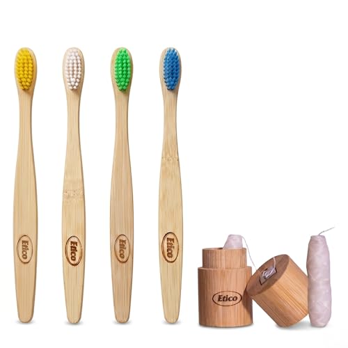 ETICO - Kit Spazzolino Bamboo con 4 Spazzolini Denti, 1 Filo Interdentale Naturale e Ricarica Filo, Spazzolini Bamboo Biodegradabili e Senza BPA, Designed in Italy