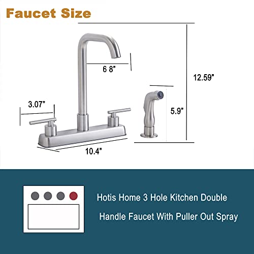 Hotis Kitchen Faucet With Sprayer, Brushed Nickel 3 Or 4 Hole Kitchen Faucet, Stainless Steel Kitchen Faucets For Sink 3 Hole, High Arc 360 Swivel 2 Handle Kitchen Sink Faucet #TOP3
