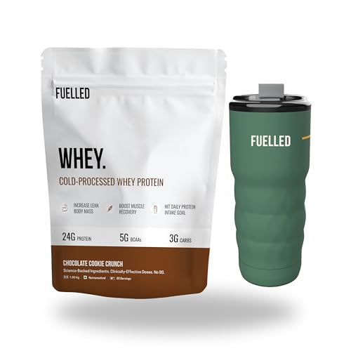 Image of FUELLED Whey Protein Powder Concentrate & Isolate with 24 g Protein, 5 g BCAA (4 kg, 120 Servings) Lab Tested with Premium Metallic Shaker (Chocolate Cookie Crunch)