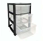 Buystarget Plastic Drawers Storage Unit, 3 Tier Plastic Storage Drawers, A5 Paper Format Office Home Desktop Stationery Make Up Organiser Tidy Small Black 3 Drawer Mini Tower